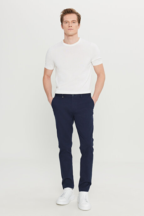 Pamuklu Slim Fit Dar Kesim Yan Cep Armürlü Esnek Casual Lacivert Pantolon resmi