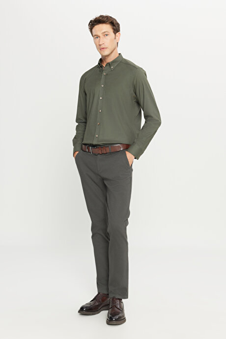 Pamuklu Slim Fit Dar Kesim Yan Cep Armürlü Esnek Casual Yeşil Pantolon resmi
