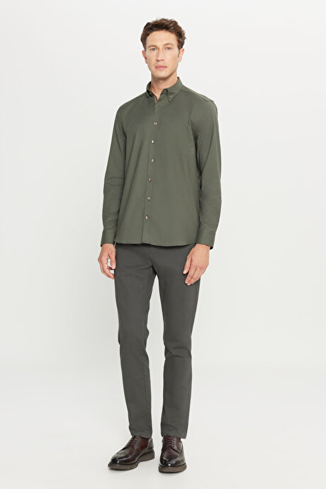 Pamuklu Slim Fit Dar Kesim Yan Cep Armürlü Esnek Casual Yeşil Pantolon resmi