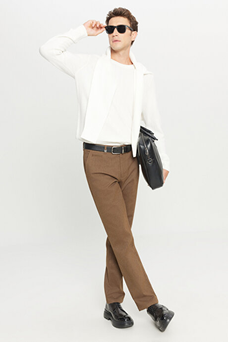 Pamuklu Regular Fit Normal Kesim Diagonal Desenli Yan Cepli Esnek Casual Açık Kahve Pantolon resmi