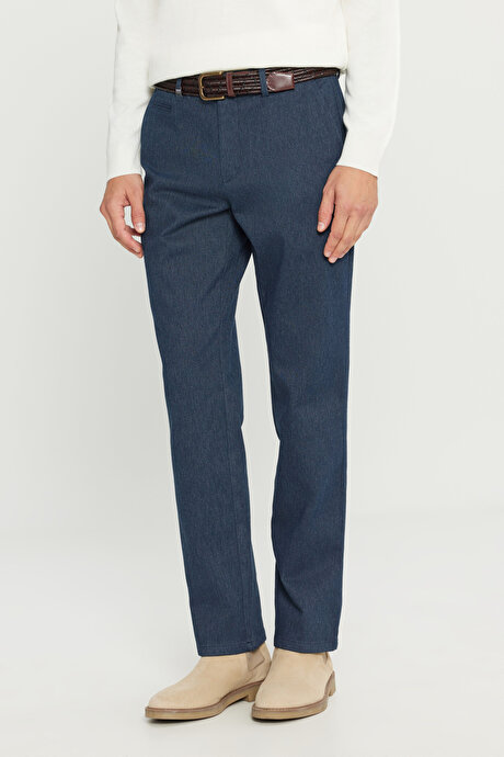 Pamuklu Regular Fit Normal Kesim Diagonal Desenli Yan Cepli Esnek Casual Lacivert Pantolon resmi