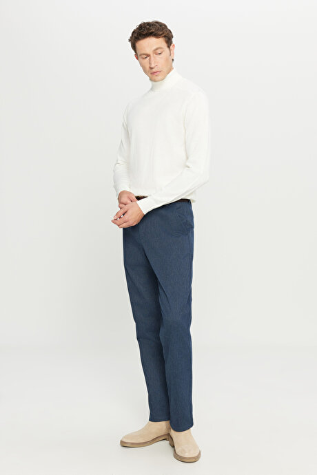 Pamuklu Regular Fit Normal Kesim Diagonal Desenli Yan Cepli Esnek Casual Lacivert Pantolon resmi