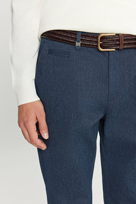 Pamuklu Regular Fit Normal Kesim Diagonal Desenli Yan Cepli Esnek Casual Lacivert Pantolon resmi