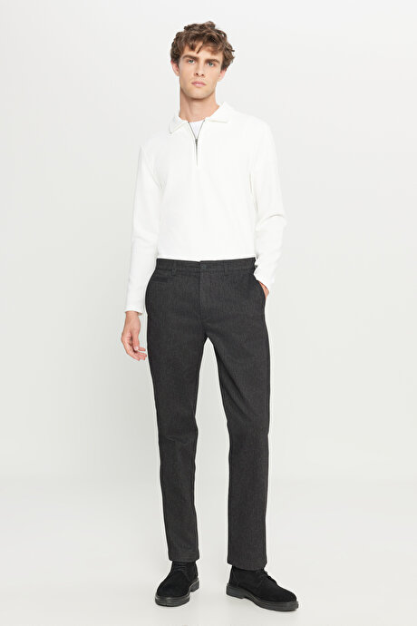 Pamuklu Regular Fit Normal Kesim Diagonal Desenli Yan Cepli Esnek Casual Siyah Pantolon resmi
