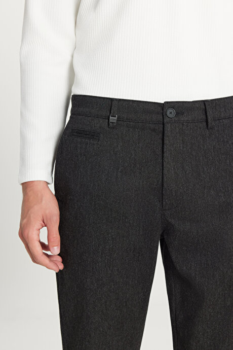 Pamuklu Regular Fit Normal Kesim Diagonal Desenli Yan Cepli Esnek Casual Siyah Pantolon resmi