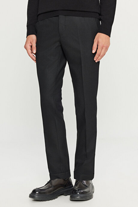 Slim Fit Dar Kesim Gizli Lasiktli Yan Cepli Esnek Klasik Siyah Pantolon resmi