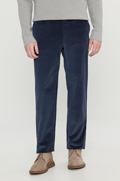Pamuklu Slim Fit Dar Kesim Desenli Yan Cepli Lacivert Pantolon resmi