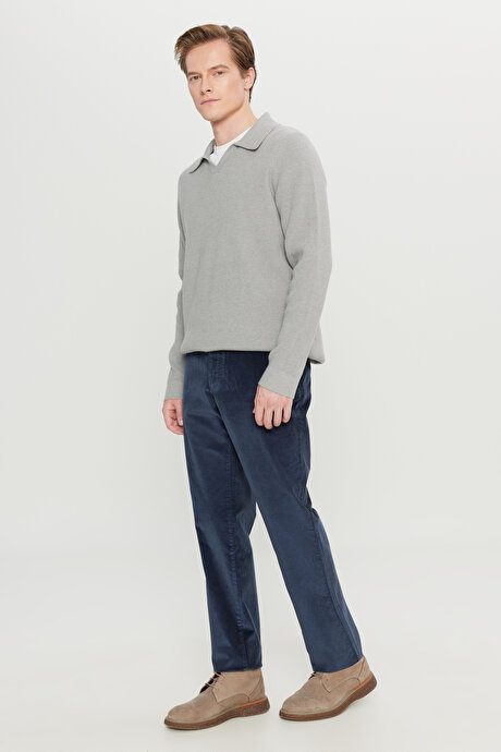 Pamuklu Slim Fit Dar Kesim Desenli Yan Cepli Lacivert Pantolon resmi