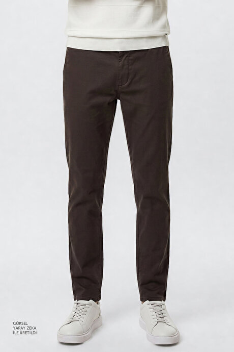 Pamuklu Slim Fit Dar Kesim Yan Cepli Armürlü Esnek Casual Kahverengi Pantolon resmi
