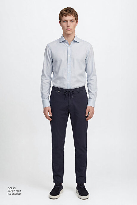 Pamuklu Slim Fit Dar Kesim Yan Cepli Armürlü Esnek Casual Lacivert Pantolon resmi