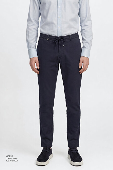 Pamuklu Slim Fit Dar Kesim Yan Cepli Armürlü Esnek Casual Lacivert Pantolon resmi