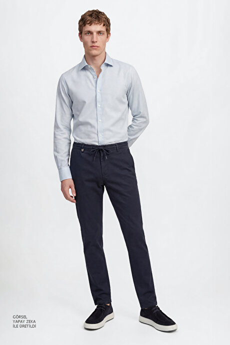 Pamuklu Slim Fit Dar Kesim Yan Cepli Armürlü Esnek Casual Lacivert Pantolon resmi