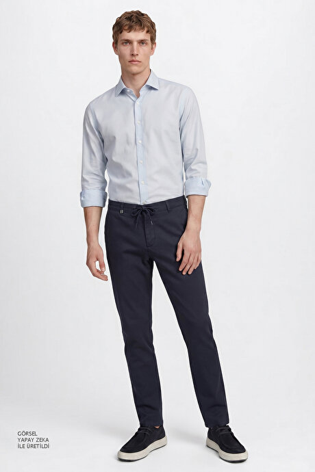 Pamuklu Slim Fit Dar Kesim Yan Cepli Armürlü Esnek Casual Lacivert Pantolon resmi