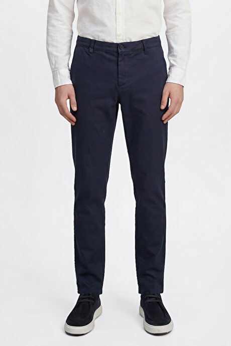 Pamuklu Slim Fit Dar Kesim Armürlü Yan Cepli Casual Esnek Lacivert Pantolon resmi