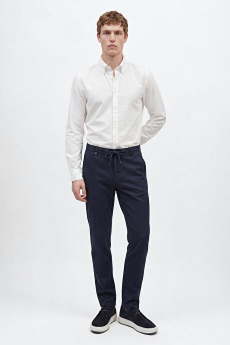Pamuklu Slim Fit Dar Kesim Armürlü Yan Cepli Casual Esnek Lacivert Pantolon resmi