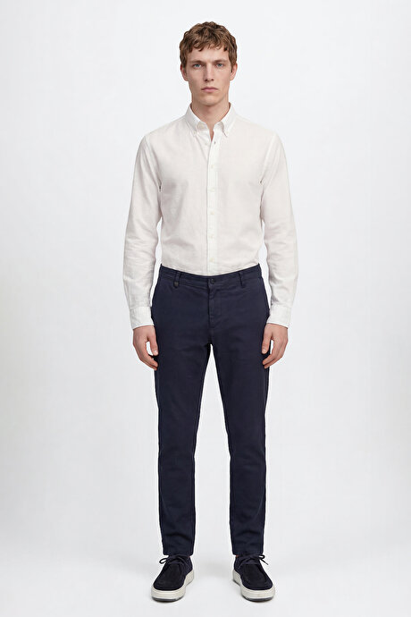 Pamuklu Slim Fit Dar Kesim Armürlü Yan Cepli Casual Esnek Lacivert Pantolon resmi