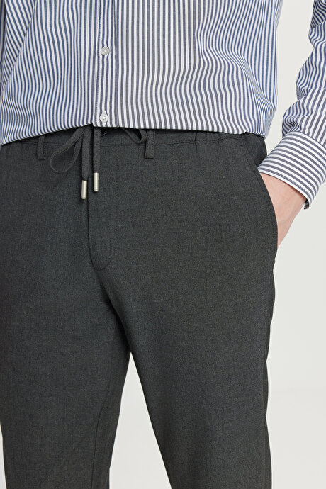 Slim Fit Dar Kesim Beli Bağlamalı Yan Cepli Casual Jogger Antrasit Pantolon resmi