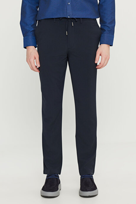 Slim Fit Dar Kesim Beli Bağlamalı Yan Cepli Casual Jogger Lacivert Pantolon resmi