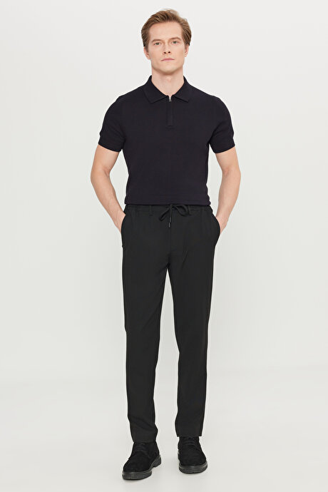 Slim Fit Dar Kesim Beli Bağlamalı Yan Cepli Casual Jogger Siyah Pantolon resmi