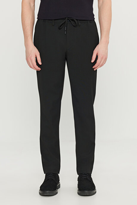 Slim Fit Dar Kesim Beli Bağlamalı Yan Cepli Casual Jogger Siyah Pantolon resmi
