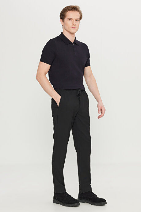 Slim Fit Dar Kesim Beli Bağlamalı Yan Cepli Casual Jogger Siyah Pantolon resmi