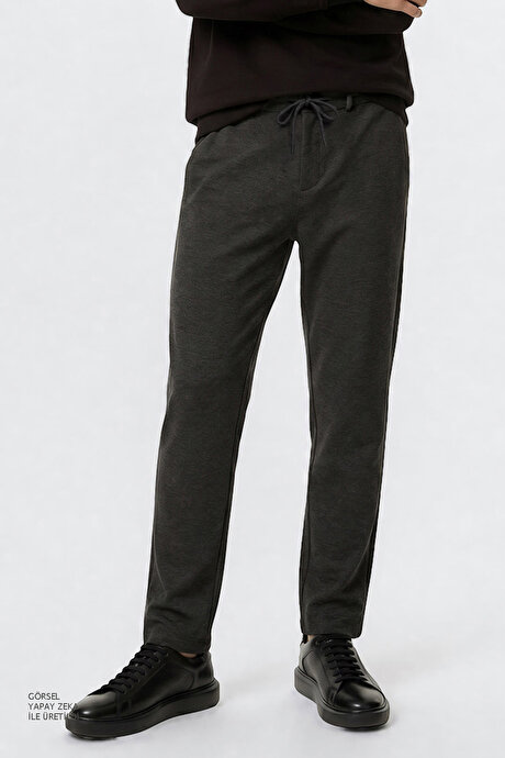 Slim Fit Dar Kesim Beli Bağlamalı Yan Cepli Esnek Jogger Antrasit Pantolon resmi