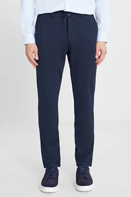 Slim Fit Dar Kesim Beli Bağlamalı Yan Cepli Esnek Jogger Lacivert Pantolon resmi