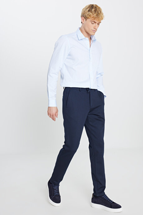 Slim Fit Dar Kesim Beli Bağlamalı Yan Cepli Esnek Jogger Lacivert Pantolon resmi