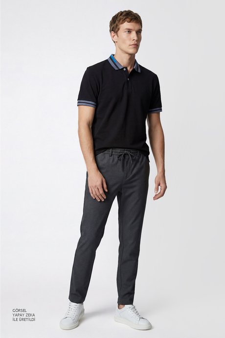 Jogger Slim Fit Dar Kesim Yan Cepli Beli Bağlamalı Antrasit Pantolon resmi