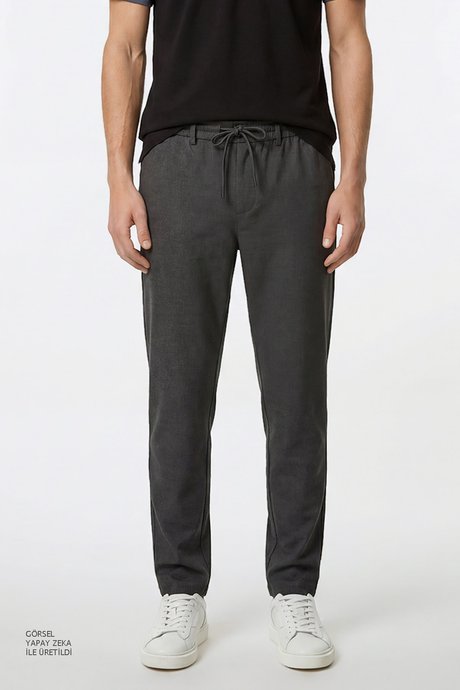 Jogger Slim Fit Dar Kesim Yan Cepli Beli Bağlamalı Antrasit Pantolon resmi