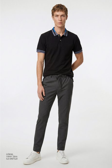 Jogger Slim Fit Dar Kesim Yan Cepli Beli Bağlamalı Antrasit Pantolon resmi