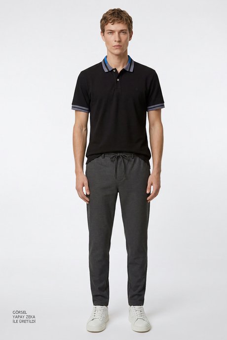 Jogger Slim Fit Dar Kesim Yan Cepli Beli Bağlamalı Antrasit Pantolon resmi