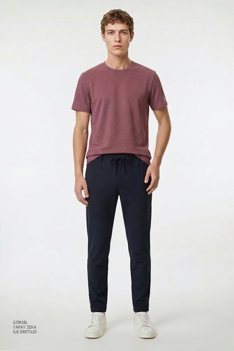 Jogger Slim Fit Dar Kesim Yan Cepli Beli Bağlamalı Lacivert Pantolon resmi