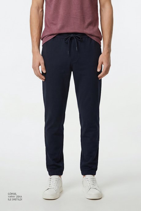 Jogger Slim Fit Dar Kesim Yan Cepli Beli Bağlamalı Lacivert Pantolon resmi