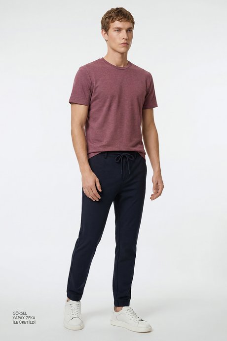 Jogger Slim Fit Dar Kesim Yan Cepli Beli Bağlamalı Lacivert Pantolon resmi
