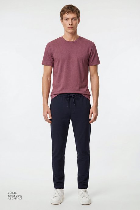 Jogger Slim Fit Dar Kesim Yan Cepli Beli Bağlamalı Lacivert Pantolon resmi