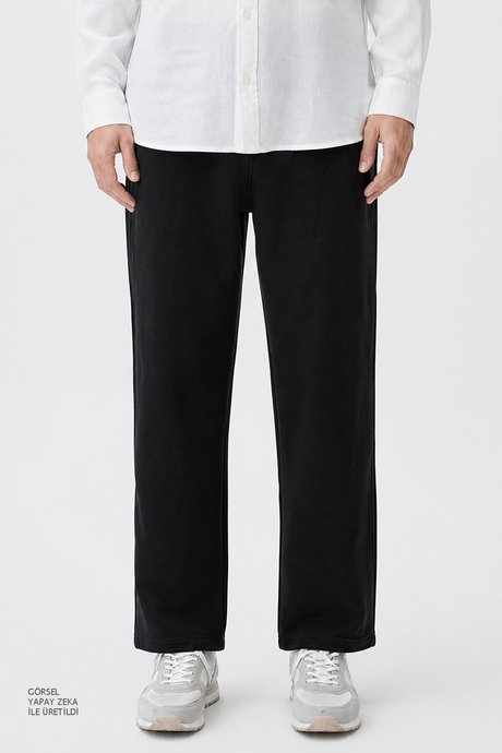 Jogger Slim Fit Dar Kesim Yan Cepli Beli Bağlamalı Siyah Pantolon resmi