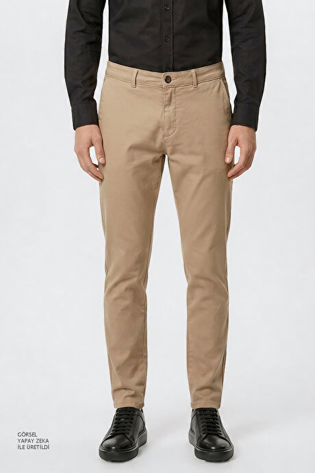 Pamuklu Slim Fit Dar Kesim Yan Cepli Esnek Bej Pantolon resmi