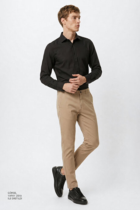 Pamuklu Slim Fit Dar Kesim Yan Cepli Esnek Bej Pantolon resmi