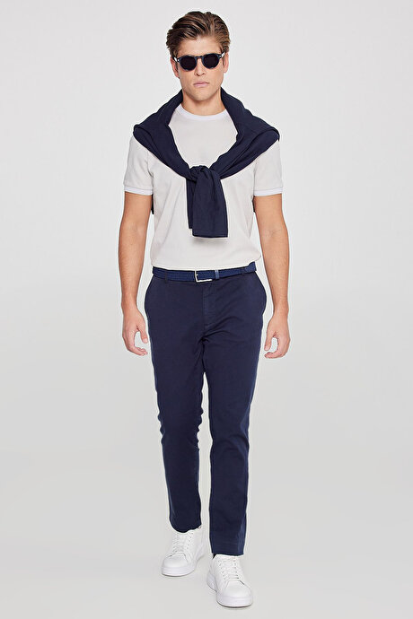 Pamuklu Slim Fit Dar Kesim Yan Cepli Esnek Lacivert Chino Pantolon resmi