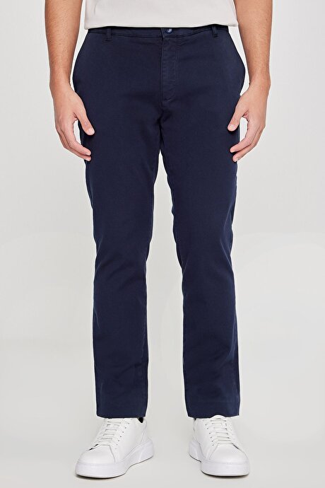 Pamuklu Slim Fit Dar Kesim Yan Cepli Esnek Lacivert Chino Pantolon resmi