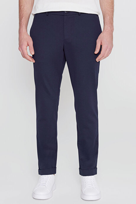 Slim Fit Dar Kesim Beli Bağlamalı Yan Cepli Armürlü Casual Lacivert Pantolon resmi