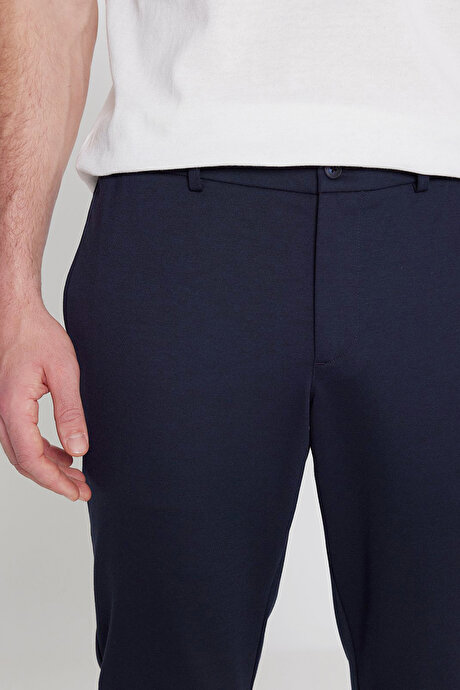 Slim Fit Dar Kesim Beli Bağlamalı Yan Cepli Armürlü Casual Lacivert Pantolon resmi