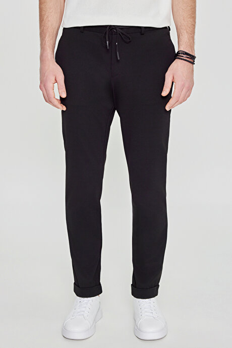 Slim Fit Dar Kesim Beli Bağlamalı Yan Cepli Armürlü Casual Siyah Pantolon resmi