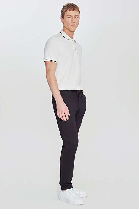 Slim Fit Dar Kesim Beli Bağlamalı Yan Cepli Armürlü Casual Siyah Pantolon resmi