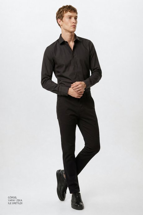 Pamuklu Slim Fit Dar Kesim Yan Cepli Esnek Siyah Pantolon resmi