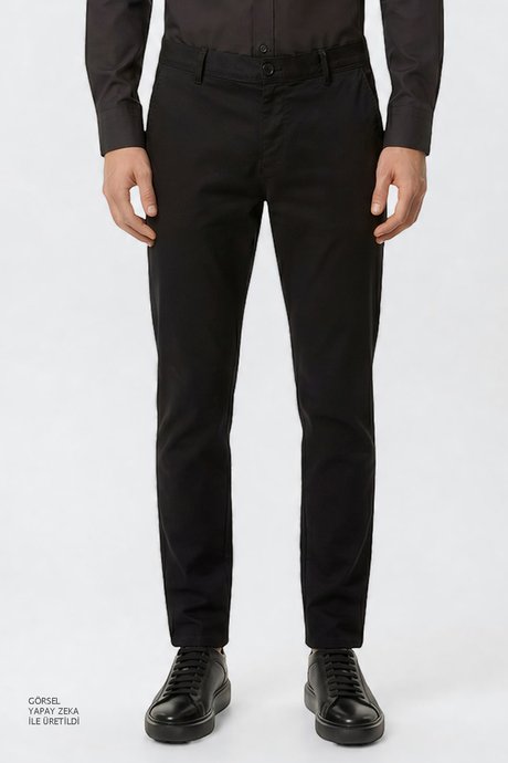 Pamuklu Slim Fit Dar Kesim Yan Cepli Esnek Siyah Pantolon resmi