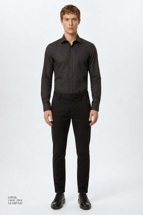 Pamuklu Slim Fit Dar Kesim Yan Cepli Esnek Siyah Pantolon resmi