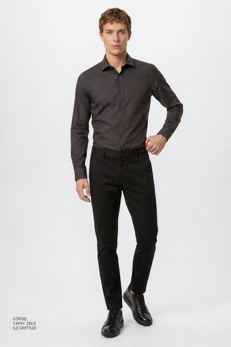 Pamuklu Slim Fit Dar Kesim Yan Cepli Esnek Siyah Pantolon resmi