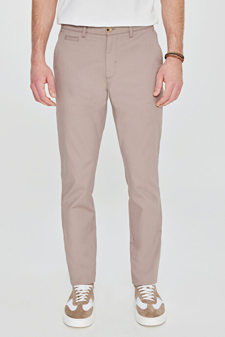 Pamuklu Slim Fit Dar Kesim Yan Cepli Armürlü Esnek Casual Bej Pantolon resmi